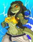  2016 alligator anthro big_breasts breasts clothing crocodilian erect_nipples female navel nipple_bulge nipples reptile scalie solo thefuckingdevil torn_clothing 