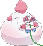  3_toes alpha_channel ambiguous_gender black_nose blue_eyes blush canine eeveelution feral fur hose hybridprojectalpha inflation mammal nintendo pink_fur pok&eacute;mon raised_tail shaking simple_background solo sylveon toes video_games white_fur 