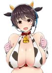  animal_ears animal_print bell breasts brown_eyes brown_hair buckle cleavage cow_bell cow_ears cow_horns cow_print gloves headset horns huge_breasts idolmaster idolmaster_cinderella_girls mitsukazu_(nijigen_complex) oikawa_shizuku open_mouth short_hair smile solo 