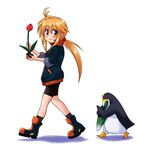  animal bike_shorts bird blonde_hair book flower green_eyes highres hijikata-san_(m.m) holding jacket koshirae_tsurugi long_hair m.m original penguin ponytail shorts smile socks track_jacket walking 