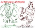  anthro canine clothed clothing cybercat dragon duo female horn looking_at_viewer male mammal monochrome sketch smile standing wings 