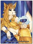  anthro canine clothed clothing cybercat female flower fox fur hair headdress looking_at_viewer lying magic mammal on_side plant smile solo 