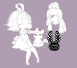  1girl :3 acerola_(pokemon) armlet bangs chibi copyright_name dress drifblim elite_four flat_chest hair_ornament half_updo knees_together_feet_apart mimikyu_(pokemon) outline pokemon pokemon_(creature) pokemon_(game) pokemon_sm purple purple_background sandals short_hair short_sleeves simple_background solo stitches torn_clothes torn_dress usamko 