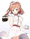  :d anchor belt blue_eyes blush breast_pocket breasts brown_hair coffee coffee_pot commentary cowboy_shot cup dress hair_between_eyes kantai_collection large_breasts looking_at_viewer masuishi_kinoto open_mouth pocket saratoga_(kantai_collection) side_ponytail smile solo teacup white_background white_dress 