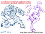  animal_humanoid blue_theme cat_humanoid clothed clothing cybercat duo feline female humanoid looking_at_viewer male mammal muscular open_mouth sketch standing tiger 