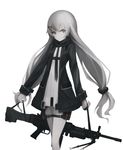  bangs bipod black_coat black_scarf closed_mouth expressionless eyebrows eyebrows_visible_through_hair girls_frontline grey_eyes grey_hair gun gyup h&amp;k_mg4 hair_ornament hairclip highres holding holding_gun holding_strap holding_weapon holster long_hair looking_at_viewer mg4_(girls_frontline) necktie scarf shirt simple_background skinny solo standing strap thigh_holster twintails weapon white_background white_shirt 