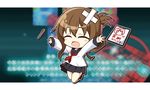  arms_up bandages black_legwear black_skirt brown_hair clipboard closed_eyes folded_ponytail inazuma_(kantai_collection) kantai_collection kisaragi_yuu_(re:lucks) kneehighs long_hair nanodesu_(phrase) neckerchief open_mouth pen pleated_skirt school_uniform serafuku skirt socks solo translation_request 