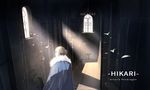  artoria_pendragon_(all) back blonde_hair blue_cape blue_ribbon braid cape chandelier character_name commentary fate/grand_order fate_(series) fur_cape hallway light_rays looking_to_the_side reroi ribbon saber scenery shadow short_hair solo stone_wall wall window 