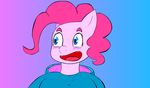  blue_eyes blush clothing equine friendship_is_magic fur gradient_background hair hoodie mammal my_little_pony open_mouth pinkie_pie_(mlp) simonsaysgreen simple_background solo teeth tongue 
