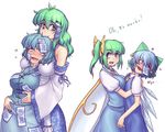  :d antenna_hair bare_shoulders between_breasts blue_eyes blue_hair blush bow breasts cirno color_connection daiyousei detached_sleeves drooling english fairy_wings fangs flat_chest frog_hair_ornament green_eyes green_hair hair_bow hair_color_connection hair_ornament hair_tubes hater_(hatater) head_between_breasts heart heart-shaped_pupils heterochromia highres hug ice ice_wings japanese_clothes kochiya_sanae large_breasts long_hair lovestruck mind_control multiple_girls nontraditional_miko ofuda open_mouth pointy_ears purple_eyes red_eyes rolling_eyes short_hair side_ponytail simple_background smile symbol-shaped_pupils tatara_kogasa tears torogao touhou uvula wavy_hair white_background wings yuri 