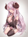  :d asymmetrical_gloves black_gloves black_legwear blue_eyes bottomless braid breasts cleavage draph elbow_gloves eyelashes full_body gloves granblue_fantasy grey_background hair_ornament hair_over_one_eye heart highres horns hsuliherng lace_trim large_breasts lavender_hair long_hair looking_at_viewer narmaya_(granblue_fantasy) open_mouth pointy_ears purple_hair seiza single_braid single_thighhigh sitting sleeveless smile solo thigh_strap thighhighs very_long_hair 