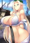  1girl 2boys abdominal_line bare_shoulders blonde_hair blue_eyes breasts celestine_lucullus cleavage curvy erect_nipples haganef huge_breasts long_hair multiple_boys pointy_ears standing tagme very_long_hair wide_hips 