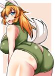  1girl animal_ears artist_request ass ass_cutout bangs blue_eyes blush breasts bunny_ears butt_crack cameltoe charlotte_e_yeager curvy erect_nipples from_behind garrison_cap green_shorts grin hat huge_ass large_breasts long_hair looking_at_viewer looking_back military military_uniform open_mouth orange_hair shorts smile solo strike_witches tail uniform wide_hips world_witches_series 