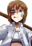  bandage_on_face black_eye blood blood_on_face bokken brown_eyes brown_hair collarbone collared_shirt commentary_request delinquent eyebrows eyebrows_visible_through_hair gakuran hagiwara_yukiho highres idolmaster idolmaster_(classic) idolmaster_million_live! injury ogawa_eru open_clothes open_shirt sarashi school_uniform shirt short_hair simple_background solo sukeban sword upper_body weapon white_background white_gakuran white_shirt wooden_sword 