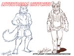  anthro canine clothed clothing collar cybercat duo fur hair looking_at_viewer male mammal sketch smile standing watermark 