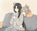  ahoge black_hair blanket brown_background brown_eyes brown_hair casual commentary_request couch cup highres hinata_hibari jacket kantai_collection long_hair long_sleeves mug multiple_girls ponytail shouhou_(kantai_collection) sitting very_long_hair zuihou_(kantai_collection) 