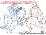 anthro blue_theme clothed clothing cybercat duo feline female loincloth male mammal scalie sitting sketch smile standing watermark 