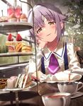  :3 alternate_costume arm_support bangs blush brown_eyes cake center_frills commentary cup cupcake day eyebrows eyebrows_visible_through_hair food food_request frilled_sleeves frills fruit half-closed_eyes head_rest head_tilt highres idolmaster idolmaster_cinderella_girls indoors koshimizu_sachiko lavender_hair light_particles long_sleeves necktie open_mouth pastry plate pouring purple_neckwear sandwich saucer short_hair short_necktie sitting smile solo sonsoso sparkle strawberry strawberry_shortcake sunlight table tea teacup teapot tiered_tray tray wing_collar 