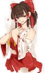  :d bangs bare_shoulders blunt_bangs breasts brown_eyes brown_hair collarbone crop_top detached_sleeves hakurei_reimu head_tilt highres japanese_clothes kariinu large_breasts midriff navel nontraditional_miko open_mouth petals shirt sidelocks smile solo touhou 