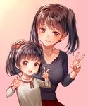  age_difference bangs black_hair blush breasts brown_eyes collarbone double_v hair_ribbon hand_on_another's_head long_hair long_sleeves looking_at_viewer medium_breasts multiple_girls nishizawa open_mouth original ribbon shirt simple_background size_difference smile twintails upper_body v v-neck 