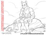  abs anthro clothed clothing cybercat looking_at_viewer male mammal monochrome muscular outside rat rodent sitting solo watermark 