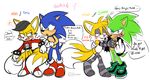  &lt;3 anthro blue_eyes blush bottomless bunonii canine chest_tuft clothed clothing dialogue elbow_gloves footwear fox fur gloves green_eyes group hair half-closed_eyes hedgehog jacket legwear male male/male mammal middle_finger miles_(anti-tails) miles_prower mind_control open_mouth scourge_the_hedgehog shoes sonic_(series) sonic_the_hedgehog spikes standing stockings sweat text tongue tongue_out tuft 