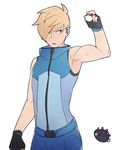  ace_trainer_(pokemon) asutarou black_gloves blonde_hair cowboy_shot earphones fingerless_gloves gen_7_pokemon gloves holding holding_poke_ball male_focus poke_ball pokemon pokemon_(creature) pokemon_(game) pokemon_sm pyukumuku simple_background sleeveless solo white_background 