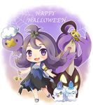  :3 :d acerola_(pokemon) alternate_color armlet balloon bangs blush bug candle chibi dress drifloon elite_four fangs fire flipped_hair gen_4_pokemon gen_5_pokemon gen_6_pokemon gourgeist hair_ornament halloween happy_halloween heart jack-o'-lantern joltik litwick looking_at_viewer momosemocha open_mouth pokemon pokemon_(creature) pokemon_(game) pokemon_sm pumpkin purple_dress purple_eyes purple_hair sandals shiny_pokemon short_hair silk smile solo spider spider_web standing stitches topknot torn_clothes torn_dress trial_captain twitter_username 