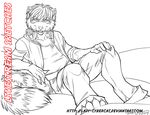  anthro clothed clothing cybercat flower fur hair looking_at_viewer male mammal monochrome plant raccoon smile solo watermark 