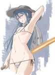 arm_at_side arm_up armpits bikini blue_eyes blue_hair blush breasts covered_nipples cowboy_shot flaming_sword from_side half-closed_eyes hand_on_own_head hat hinanawi_tenshi hip_bones hips holding holding_sword holding_weapon long_hair looking_at_viewer m92fs micro_bikini navel parted_lips ribs scarf side-tie_bikini sideways_glance small_breasts solo stomach swimsuit sword sword_of_hisou touhou weapon 
