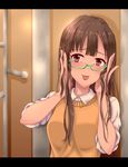  :p bespectacled blush brown_eyes brown_hair glasses green-framed_eyewear idolmaster idolmaster_cinderella_girls letterboxed long_hair looking_at_viewer mizumoto_yukari solo sweater_vest tongue tongue_out toufuu 