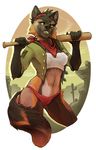  2016 5_fingers anthro baseball_bat black_fur black_nose black_tail breasts brown_fur brown_tail cactus candy canine claws clothed clothing cross_fox desert digital_media_(artwork) female fluffy fluffy_tail food fox front_view fur grey_fur hi_res holding_object inner_ear_fluff jacket lollipop mammal midriff multicolored_fur navel neckerchief nipple_bulge outside panties portrait pose sheer_clothing solo teeth three-quarter_portrait translucent transparent_clothing twistedhound two_tone_tail underwear yellow_eyes 