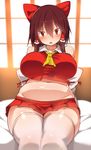  bare_shoulders belly benjamin_button_suukina_jinsei blurry blush bow breasts brown_hair cookie_(touhou) d: depth_of_field detached_sleeves fat_folds hair_bow hair_tubes hakurei_reimu highres large_breasts looking_at_viewer microskirt navel on_bed open_mouth plump red_eyes reu short_hair sitting sitting_on_bed skindentation skirt solo thick_thighs thighhighs thighs touhou v-shaped_eyebrows white_legwear 