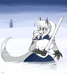  2016 anthro armor breasts canine clothed clothing cloud digital_media_(artwork) female fox fur grey_fur hair hi_res holding_object holding_weapon kemono kenomaeon landscape mammal melee_weapon mist open_mouth outside red_eyes sky smile snow stalking standing stripes sword teeth tongue two_tone weapon white_fur white_hair yellow_eyes 