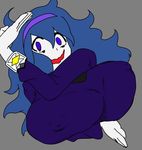  1girl blue_hair breasts female hex_maniac_(pokemon) huge_breasts npc_trainer pokemon posing puffy_nipples purple_eyes simple_background solo tagme upper_body 