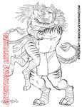  anthro canine cybercat duo feline female fur hair hug male mammal monochrome muscular open_mouth smile standing stripes towel watermark 
