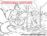  anthro bonfire canine clothing cybercat food loincloth male mammal monochrome outside sitting solo watermark 