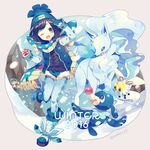  1girl 2016 ;d alolan_form alolan_ninetales backpack bag bangs beanie black_eyes blonde_hair blue_hair blue_hat blue_legwear bob_cut boots coat cutiefly fur_trim gen_7_pokemon green_hat hat hiker_(pokemon) holding holding_poke_ball long_sleeves looking_at_viewer mizuki_(pokemon) one_eye_closed open_mouth pantyhose poke_ball pokemon pokemon_(creature) pokemon_(game) pokemon_sm popplio scarf short_hair short_shorts shorts single_mitten smile snow snowing standing standing_on_one_leg sweater twitter_username winter winter_clothes yumenouchi_chiharu 