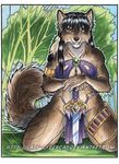  anthro canine clothing cybercat fangs female fur hair kneeling loincloth looking_at_viewer mammal melee_weapon smile solo sword teeth weapon 