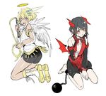  :d androgynous angel angel_and_devil angel_wings armband ass bad_id bad_twitter_id ball_and_chain_restraint bare_shoulders barefoot bike_shorts blonde_hair blue_eyes blush boots collar commentary dark_skin dark_skinned_male demon_boy demon_horns demon_wings erubo full_body halo horns male_focus multiple_boys open_mouth red_eyes simple_background smile sweatdrop whip white_background wings 