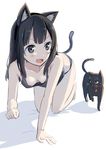  all_fours animal animal_ears bangs barefoot black_cat blush breasts cat cat_ears cat_girl cat_tail commentary downblouse eyebrows eyebrows_visible_through_hair fake_animal_ears fang gochou_(atemonai_heya) hanging_breasts long_hair looking_to_the_side loose_clothes medium_breasts open_mouth original paw_pose shadow simple_background solo sweatdrop tail tank_top teeth white_background 