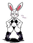  anthro blush boots bra clothing cupcake_(oriole) english_text female footwear frown fur half-closed_eyes hand_on_hip lagomorph mammal mangneto panties rabbit simple_background solo standing text thick_thighs underwear white_background white_fur wide_hips 