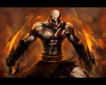  1boy blade blood chains epic fire god_of_war helmet kratos male_focus manly mythology pale_skin pteruges scar shirtless skull solo spartan sword tattoo weapon 