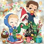  blonde_hair captain_america chibi christmas christmas_ornaments cup dum-e ee0418 hat hood hoodie machine marvel mug multiple_boys santa_hat steve_rogers superhero tony_stark 