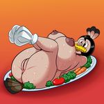  2016 anthro anus avian beak big_breasts bird black_hair breasts carrot corn female food fruit hair holidays huge_breasts lonbluewolf meat nipples nude pavita_pechugona plate pussy solo thanksgiving tomato turkey vegetable 