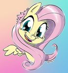 2016 dilarus equine feathered_wings feathers female feral fluttershy_(mlp) friendship_is_magic fur gradient_background green_eyes hair looking_at_viewer mammal my_little_pony pegasus pink_hair simple_background solo wings yellow_feathers yellow_fur 