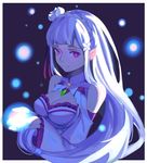  breasts cleavage closed_mouth cupping_hands detached_sleeves elf emilia_(re:zero) flower frilled_sleeves frills hair_flower hair_ornament light_particles long_hair long_sleeves looking_at_viewer low-tied_long_hair medium_breasts mtoto pointy_ears purple_eyes re:zero_kara_hajimeru_isekai_seikatsu smile solo upper_body very_long_hair 