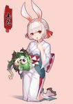  absurdres animal_ears bangs braid bunny_ears character_doll character_name crown_braid finger_to_mouth flower geta hair_ribbon highres japanese_clothes kimono kneeling looking_at_viewer obi onmyoji open_mouth red_eyes ribbon sash short_hair side_slit solo white_hair white_kimono yamausagi zxj 