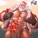  1boy abs bara beard christmas cum ejaculation erection male_focus muscle orgasm outdoors pecs penis santa_clause smile solo steam teeth testicles wince 