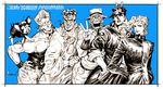  animal_on_shoulder beard bunny_ears_prank chain copyright_name crosshatching dog double_v earrings facial_hair facial_mark gakuran grin hand_on_hip hands_in_pockets hands_together hat headband iggy_(jojo) jean_pierre_polnareff jewelry jojo_no_kimyou_na_bouken joseph_joestar kakyouin_noriaki kotteri kuujou_joutarou mohammed_avdol monochrome muscle open_mouth ponytail robe school_uniform serious signature sleeves_rolled_up smile v 